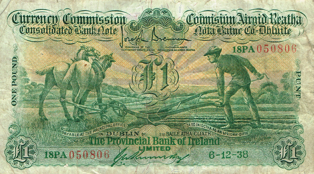 Currency Commission Consolidated Banknote 'Ploughman' One Pound, Provincial Bank of Ireland, 6-12-38. at Whyte's Auctions