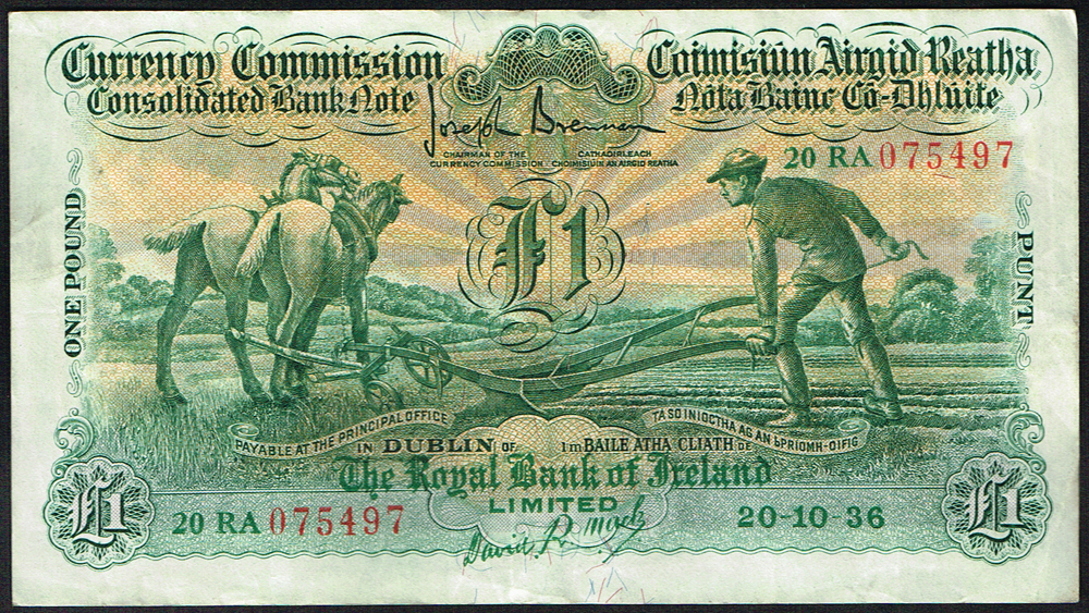 Currency Commission Consolidated Banknote 'Ploughman' One Pound, Royal Bank of Ireland, 20-10-36 at Whyte's Auctions