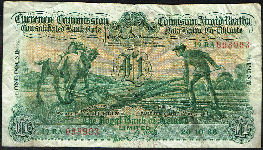 Currency Commission Consolidated Banknote 'Ploughman' One Pound, Royal Bank of Ireland, 20-10-36 at Whyte's Auctions