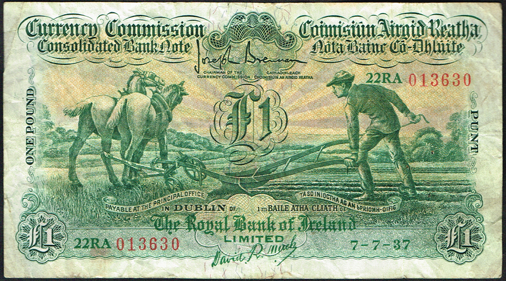 Currency Commission Consolidated Banknote 'Ploughman' One Pound, Royal Bank of Ireland, 7-7-37. at Whyte's Auctions
