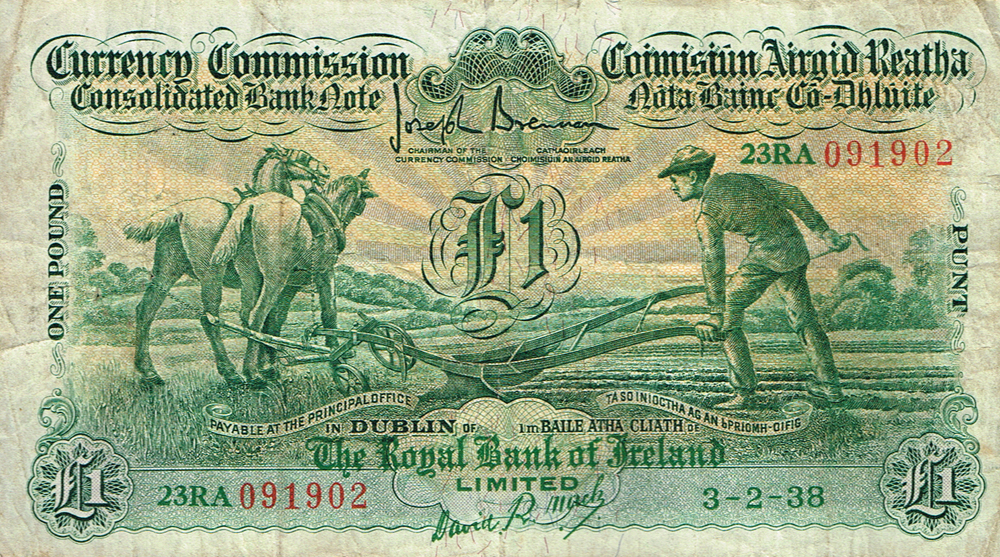 Currency Commission Consolidated Banknote 'Ploughman' One Pound, Royal Bank of Ireland, 3-2-38. at Whyte's Auctions
