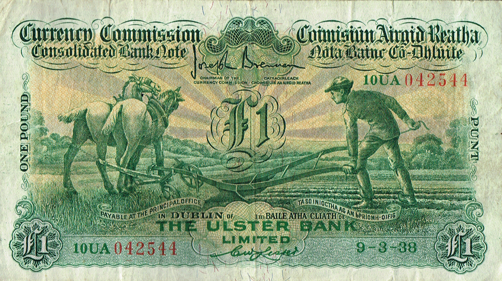 Currency Commission Consolidated Banknote 'Ploughman' One Pound, Ulster Bank, 9-3-38. at Whyte's Auctions
