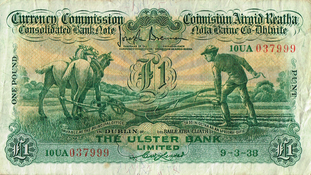 Currency Commission Consolidated Banknote 'Ploughman' One Pound, Ulster Bank, 9-3-38. at Whyte's Auctions