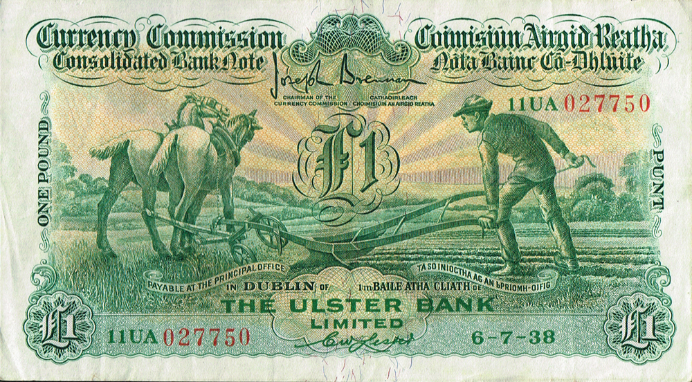 Currency Commission Consolidated Banknote 'Ploughman' One Pound, Ulster Bank, 6-7-38. at Whyte's Auctions