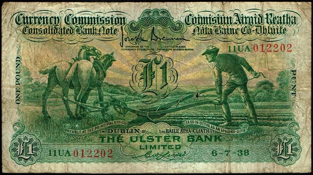 Currency Commission Consolidated Banknote 'Ploughman' Ulster Bank One Pound 6-7-38 at Whyte's Auctions