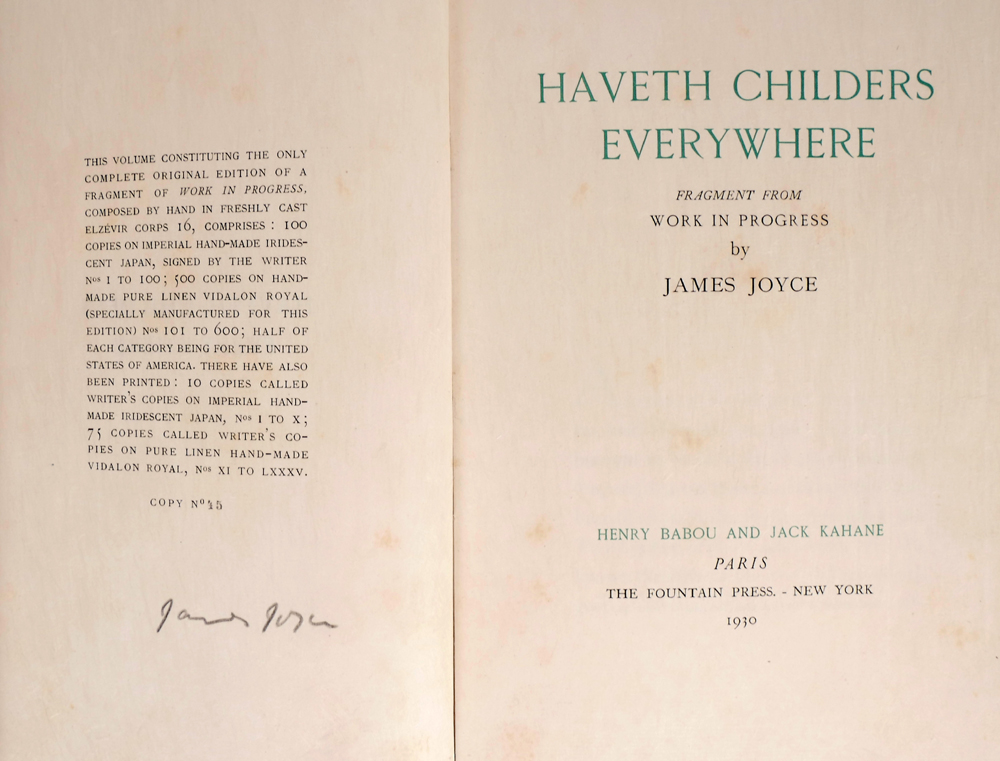 James Joyce <I>Haveth Childers Everywhere<D> signed first edition at Whyte's Auctions