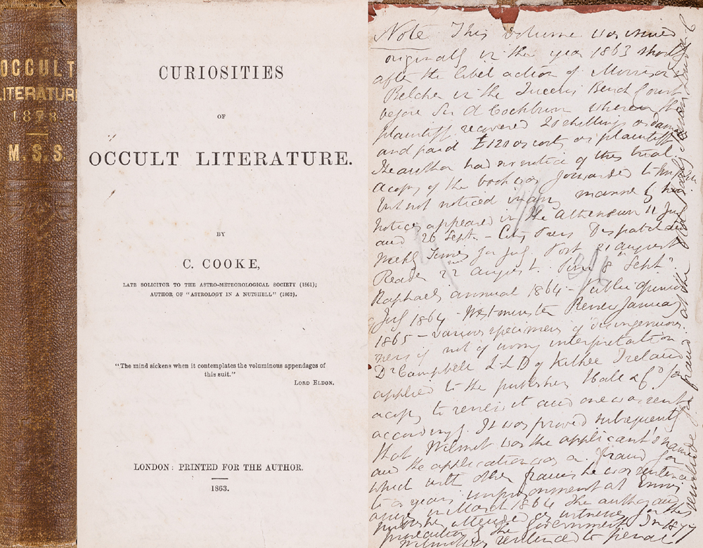 Cooke, Christopher. Curiosities of Occult Literature, author's interleaved and annotated copy. at Whyte's Auctions