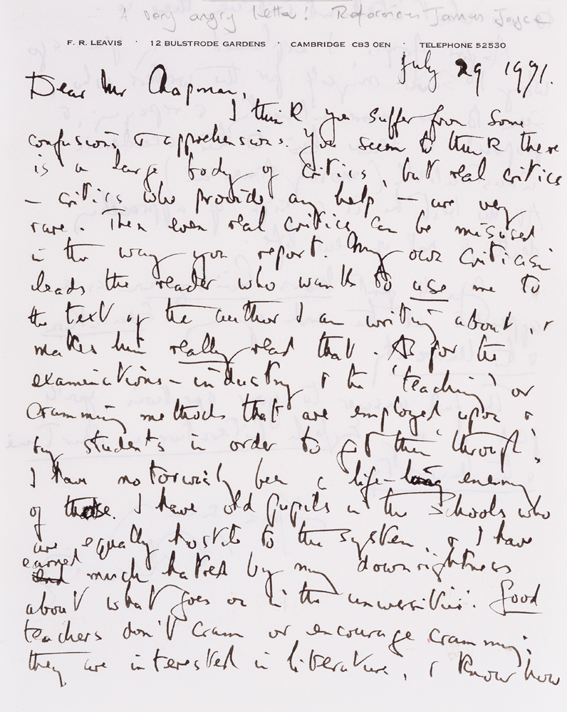 1971, July 29 Autograph letter from Frank R Leavis (1895-1978) literary critic regarding James Joyce. at Whyte's Auctions