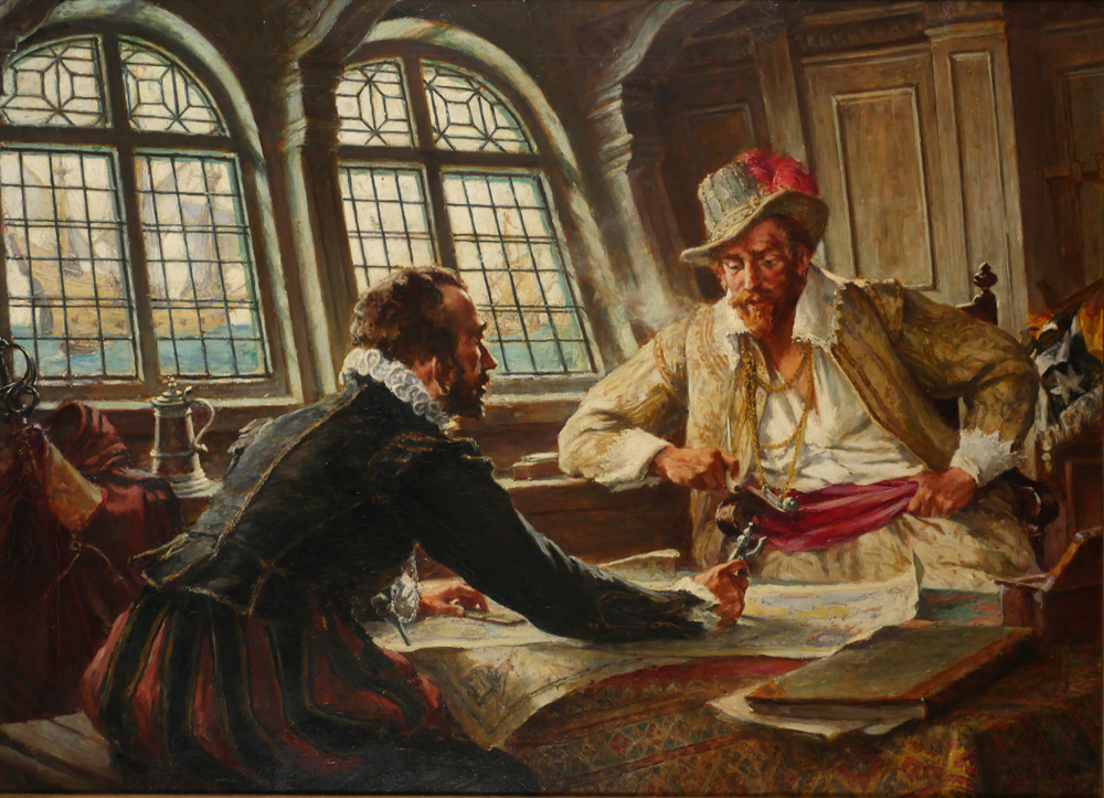 DRAKE AND FROBISHER DISCUSSING PLANS TO FOIL THE SPANISH ARMADA [1587] 1941 by Arthur David McCormick RBA RI ROI (1860-1943) at Whyte's Auctions
