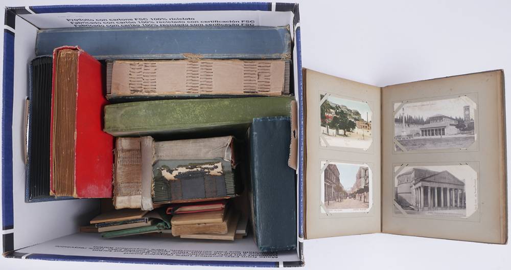 Postcards. Box of antique albums with mixed range of cards. (1300+) at Whyte's Auctions