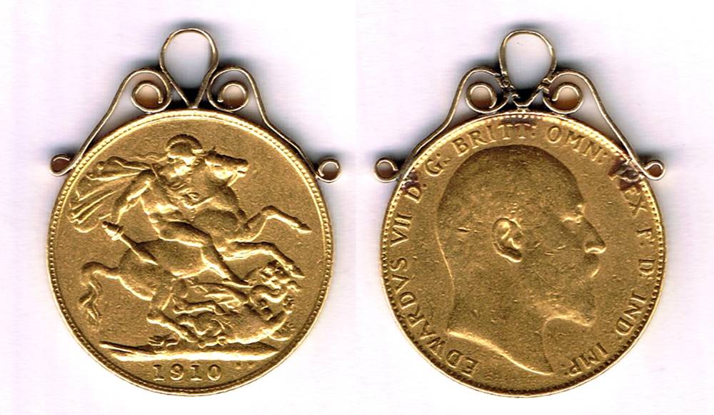 Edward VII gold sovereign 1910 and six silver crowns. at Whyte's Auctions