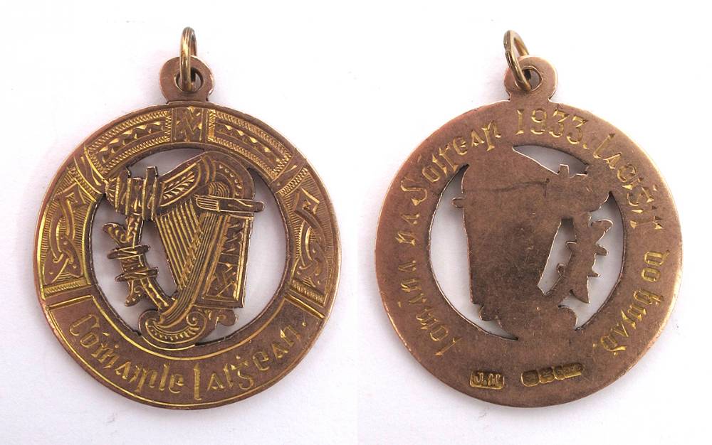GAA 1933 Leinster Junior Hurling championships, 9ct gold winner's medal to Laois. at Whyte's Auctions