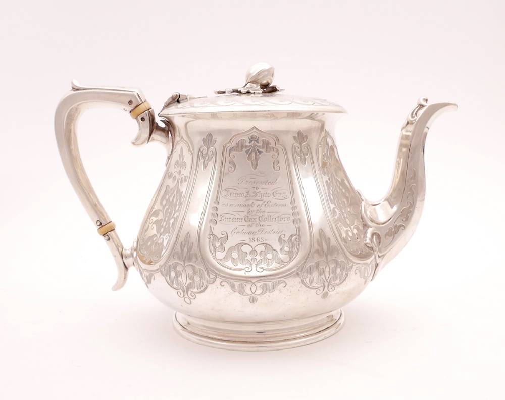 Victorian silver teapot presented by the Galway District Income Tax Collectors. at Whyte's Auctions