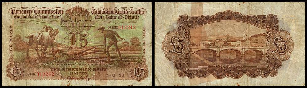 Currency Commission Consolidated Banknote 'Ploughman' Hibernian Bank, 5-8-38 at Whyte's Auctions