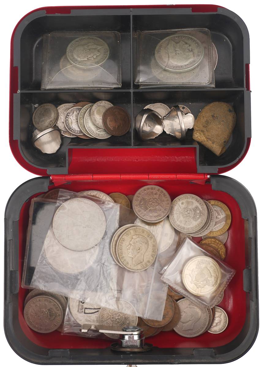 GB mixed lot in cash box, with some useful silver.  (60 approx.) at Whyte's Auctions