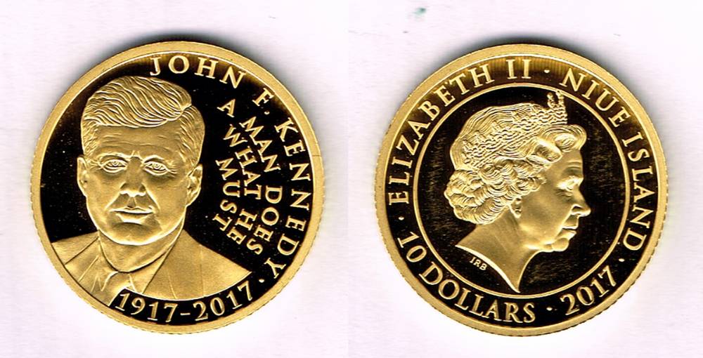 Niue. John F. Kennedy commemorative gold ten dollars proof . at Whyte's Auctions