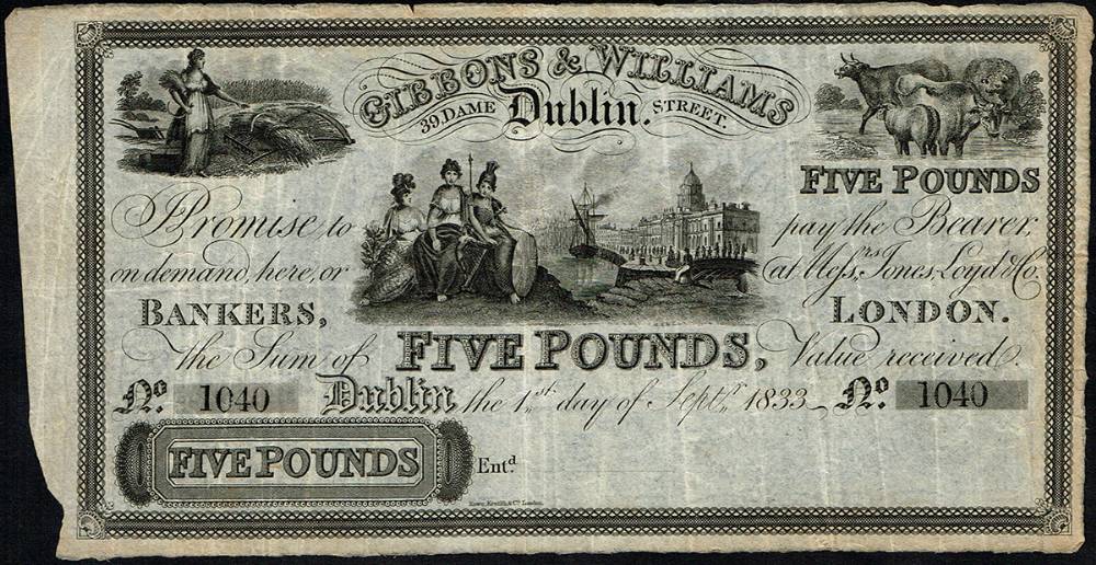 Gibbons & Williams, Dublin. Five Pounds, 1 September 1833. at Whyte's Auctions
