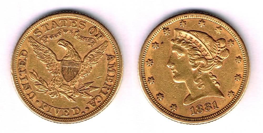 USA. Gold five dollars, 1881. at Whyte's Auctions