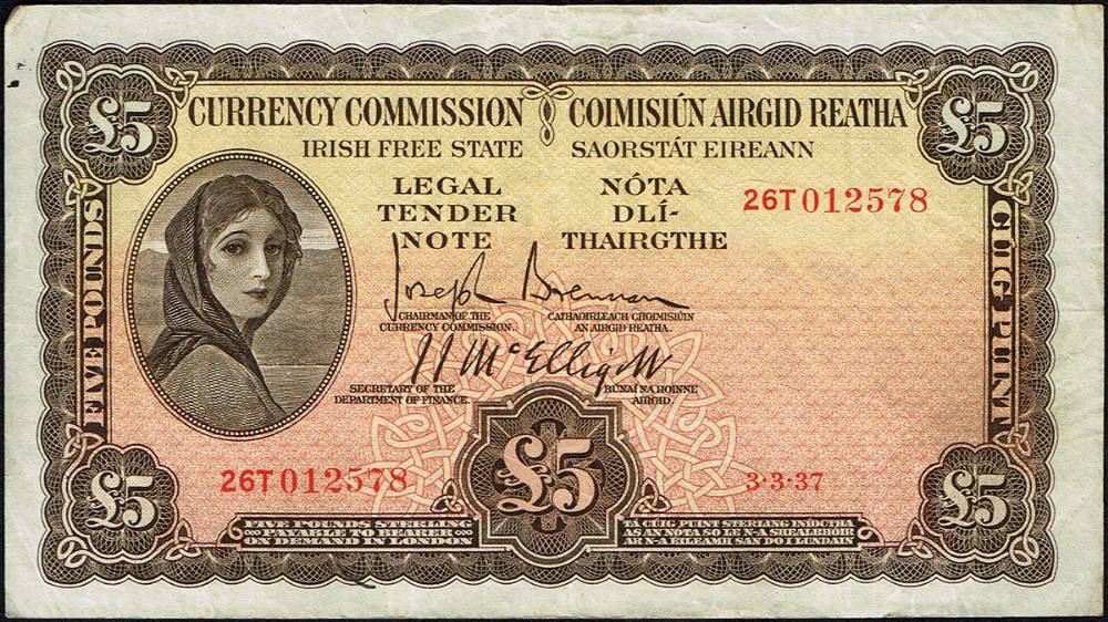 Currency Commission 'Lady Lavery' Five Pounds, 3-3-37. at Whyte's Auctions