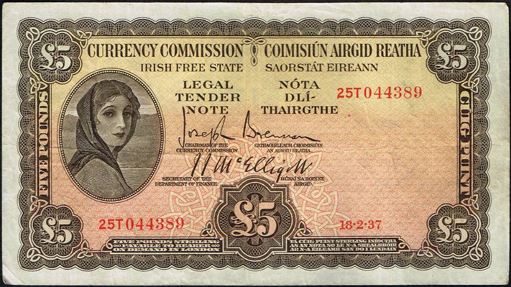 Currency Commission 'Lady Lavery' Five Pounds, 18-2-37. at Whyte's Auctions