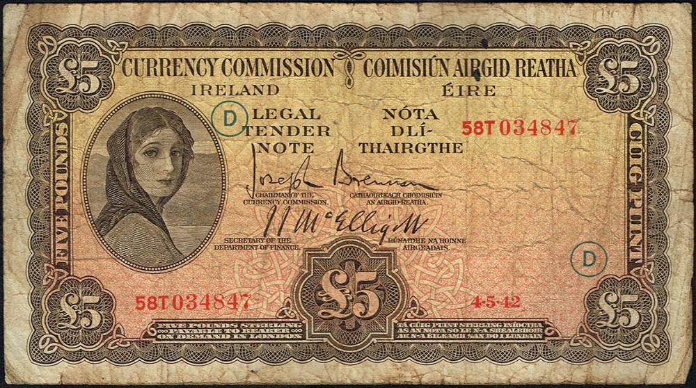 Currency Commission 'Lady Lavery' Five Pounds, War Code, 4-5-42. at Whyte's Auctions