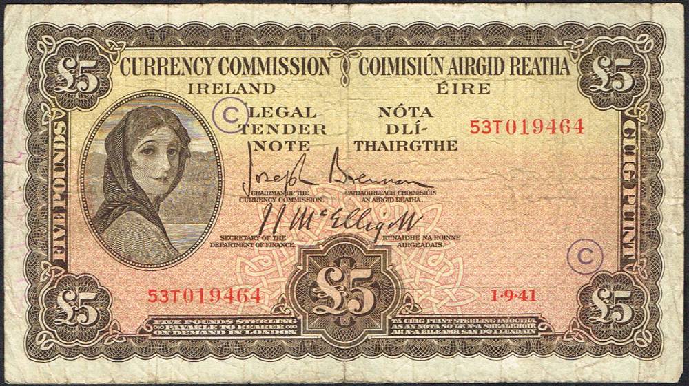 Currency Commission 'Lady Lavery' Five Pounds, War Code, 1-9-41. at Whyte's Auctions