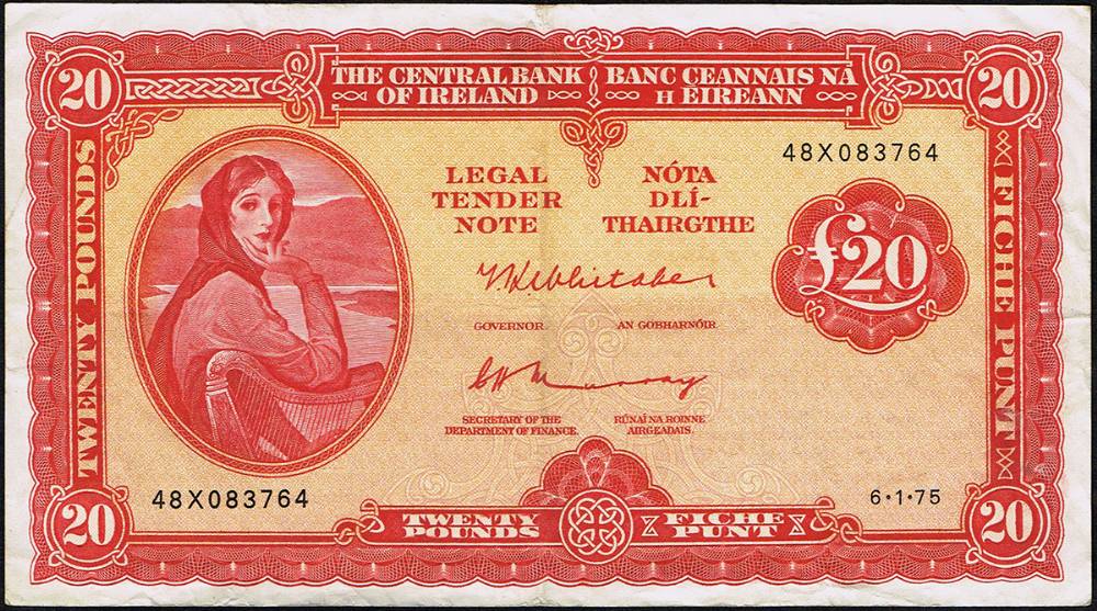 Central Bank, 'Lady Lavery' Twenty Pounds, 6-1-75 and 'B' series Fifty Pounds, 05-11-91 and Five Pounds, 18-07-90. at Whyte's Auctions