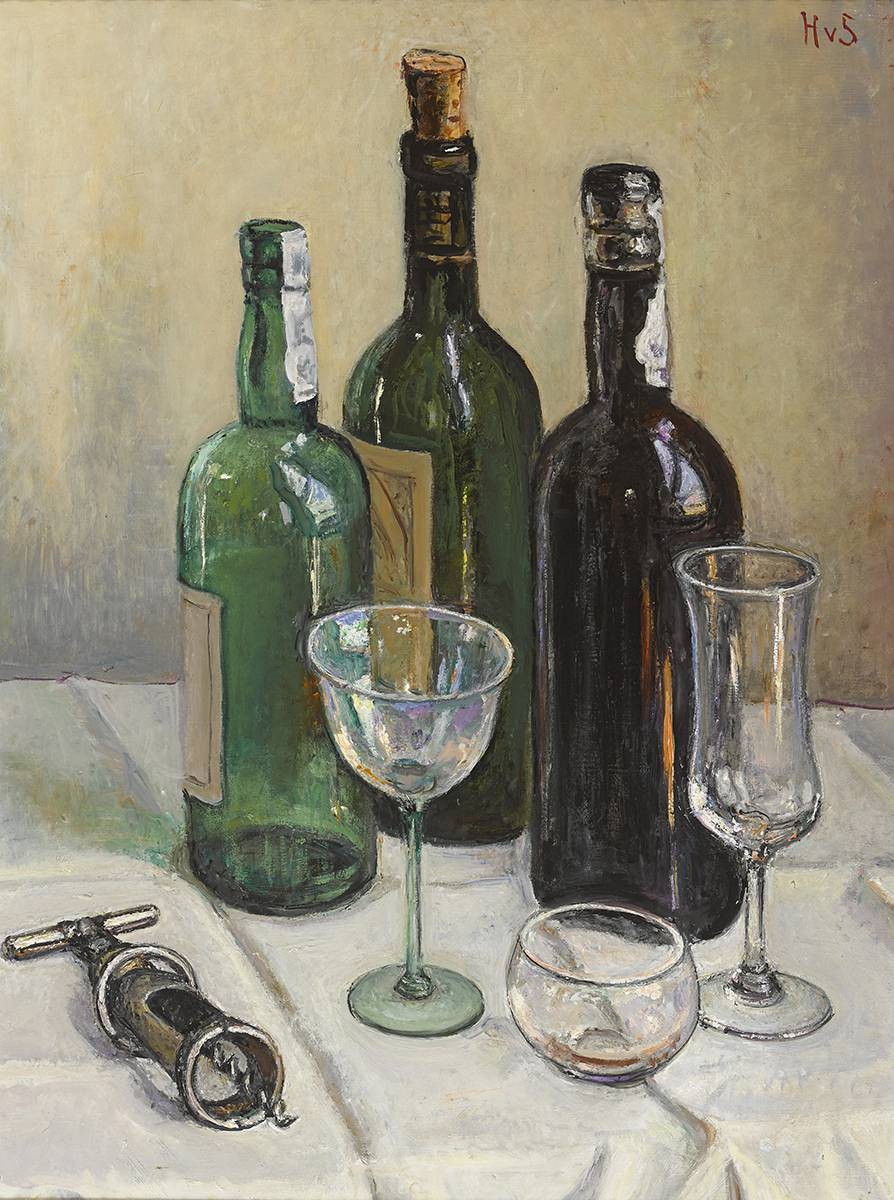 STILL LIFE WITH WINE, GLASSES AND CORKSCREW by Hilda van Stockum HRHA (19082006) at Whyte's Auctions