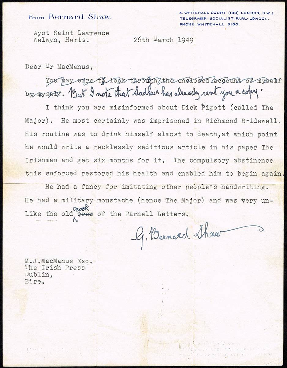 1949 (26 March), signed letter from George Bernard Shaw to MJ McManus, editor of the Irish Press. at Whyte's Auctions