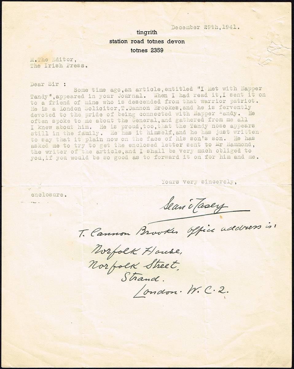 1941 (29 December) letter from Sean O'Casey  to MJ McManus, editor of The Irish Press. at Whyte's Auctions