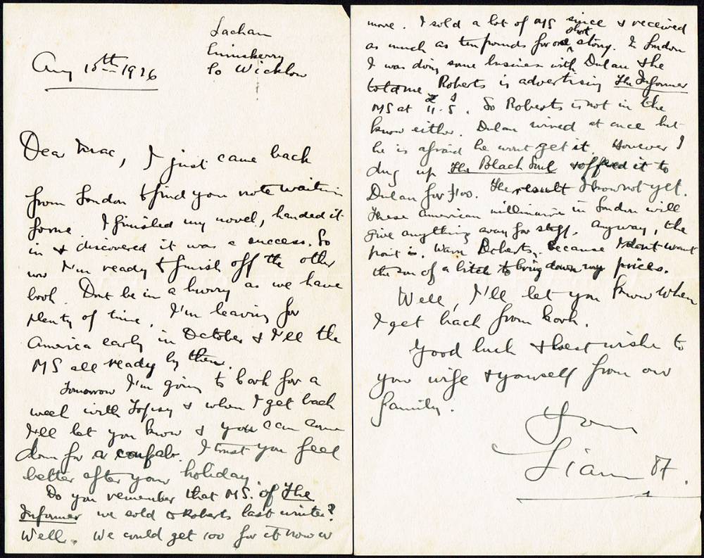 1926 (15 August) letter from Liam O'Flaherty to MJ MacManus. at Whyte's Auctions