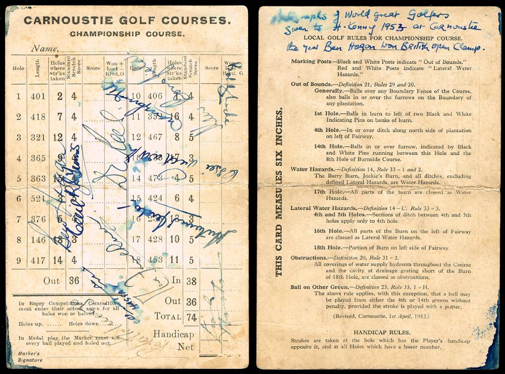 Golf. 1953 Open Championship Carnoustie - autographed card, including Ben Hogan. at Whyte's Auctions