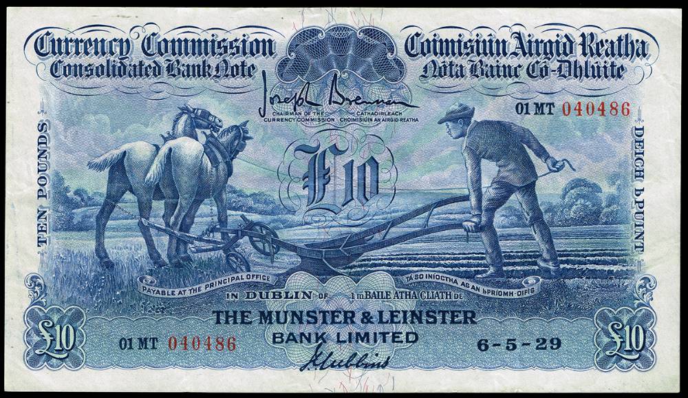 Currency Commission Consolidated Banknote 'Ploughman' Munster & Leinster Bank Ten Pounds, 6-5-29 at Whyte's Auctions