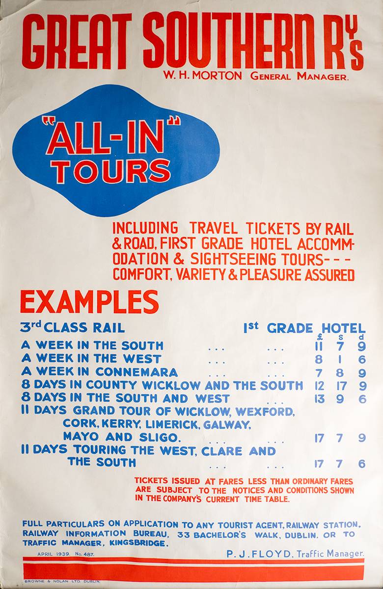 Great Southern Railways poster: 1939 All-In Tours. at Whyte's Auctions