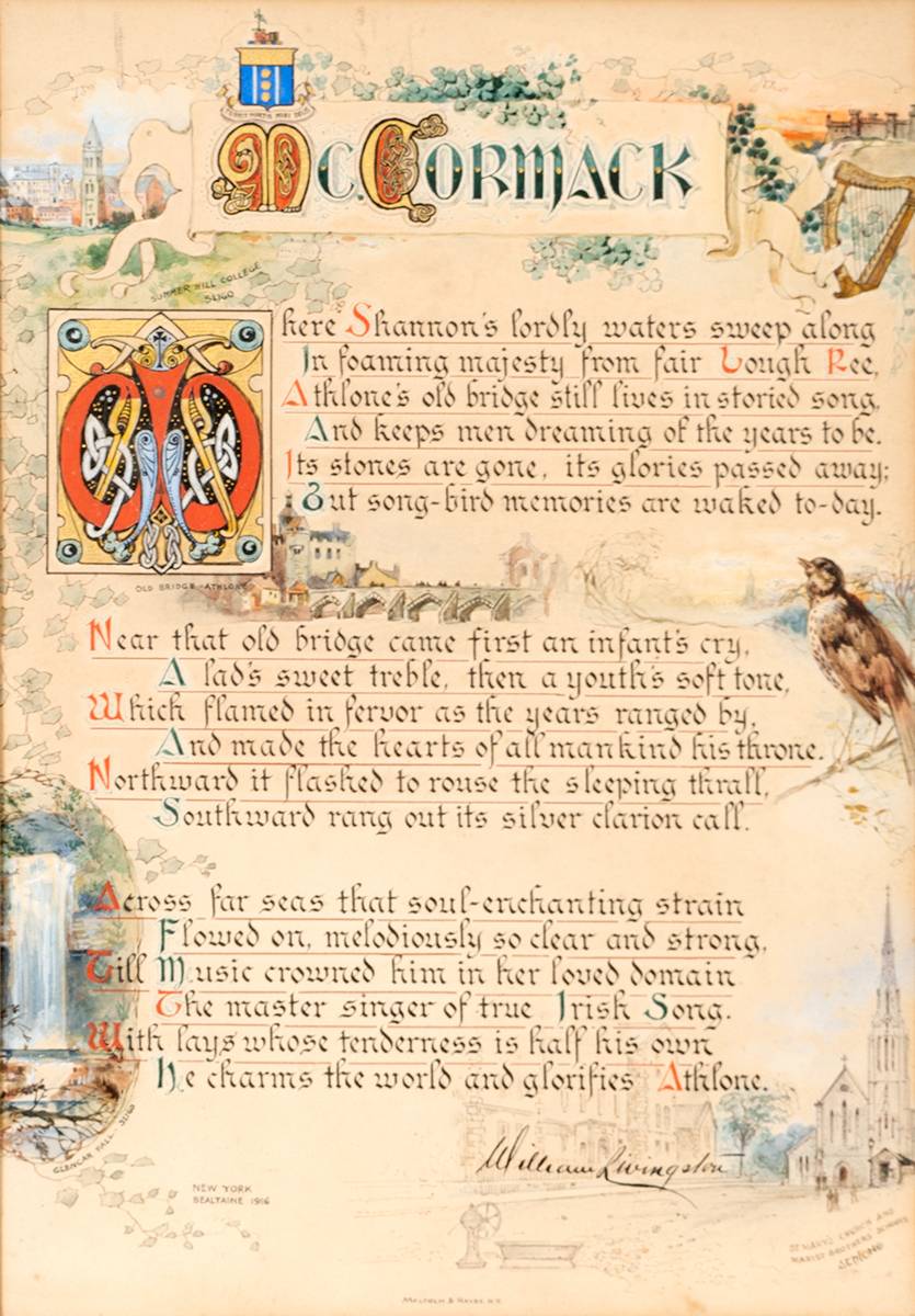 1916. An illuminated poem to John McCormack by William Livingston at Whyte's Auctions
