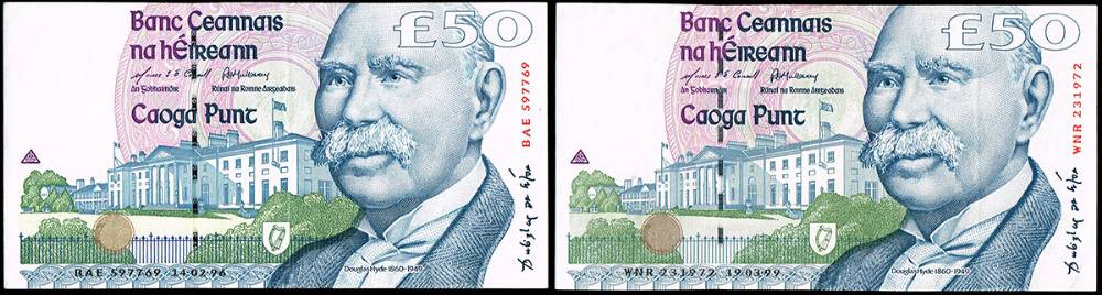 Central Bank C Series Fifty Pounds, 19-03-99 and 14-02-96. at Whyte's Auctions