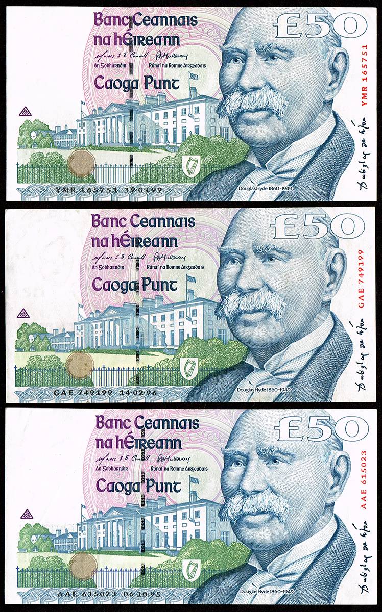 Central Bank C Series Fifty Pounds, 6-10-95, 19-03-99 and 14-02-96. at Whyte's Auctions