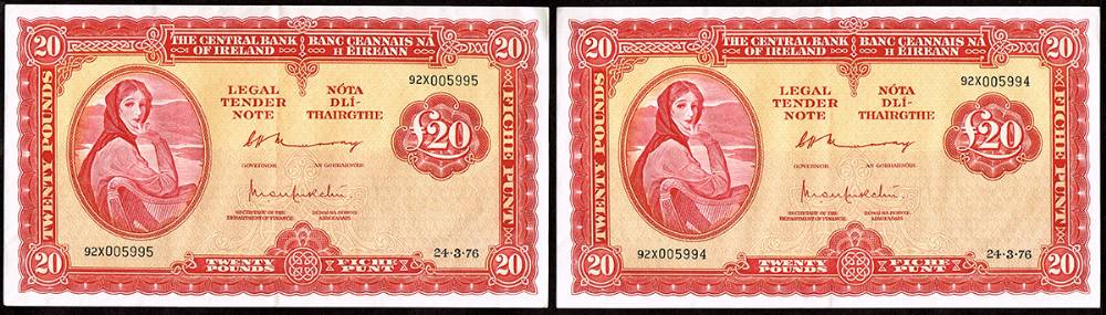 Central Bank 'Lady Lavery' Twenty Pounds, 24-3-76, a sequential pair. at Whyte's Auctions