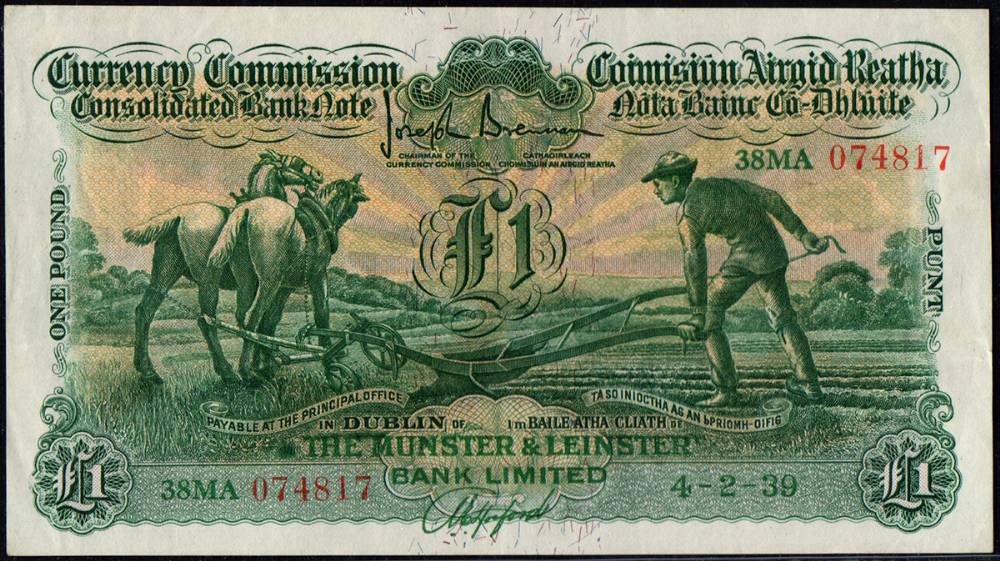 Currency Commission 'Ploughman', Munster and Leinster Bank, One Pound, 4-2-39<br> at Whyte's Auctions