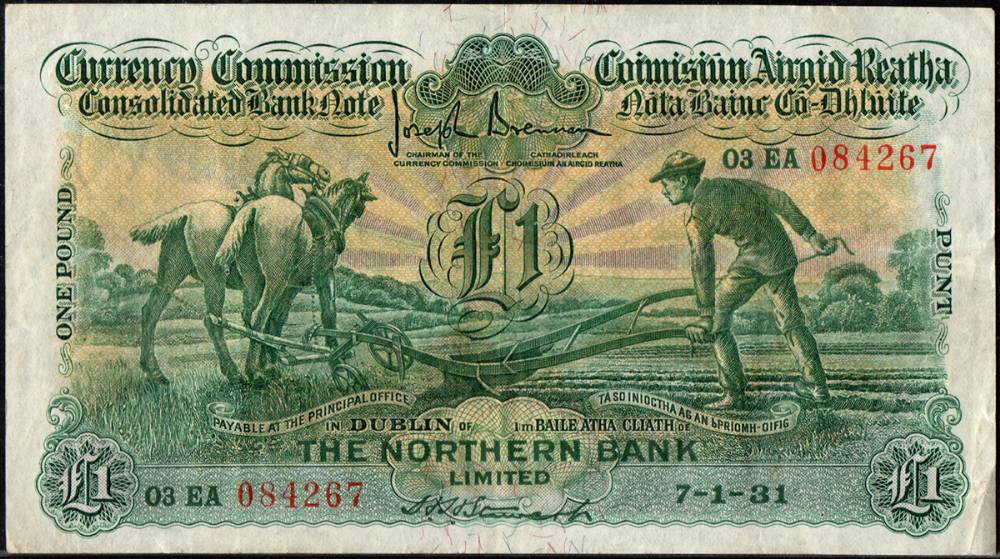 Currency Commission 'Ploughman', Northern Bank, One Pound, 7-1-31<br> at Whyte's Auctions