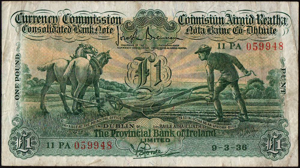 Currency Commission 'Ploughman', Provincial Bank, One Pound, 9-3-36.<br> at Whyte's Auctions