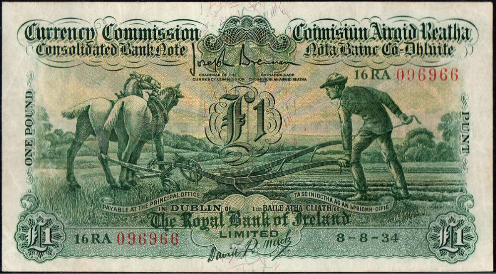 Currency Commission 'Ploughman', Royal Bank, One Pound, 8-8-34<br> at Whyte's Auctions