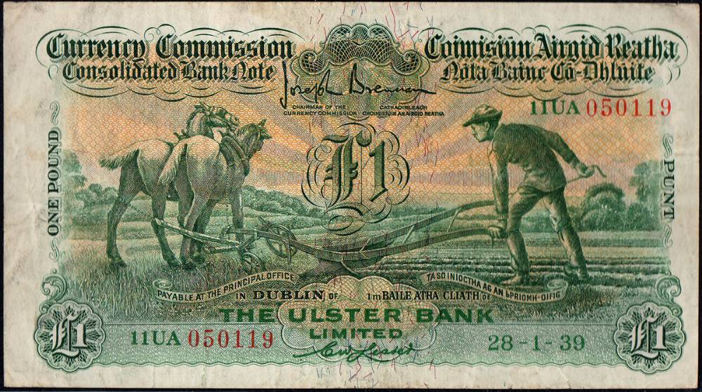 Currency Commission 'Ploughman', Ulster Bank, One Pound, 28-1-39<br> at Whyte's Auctions