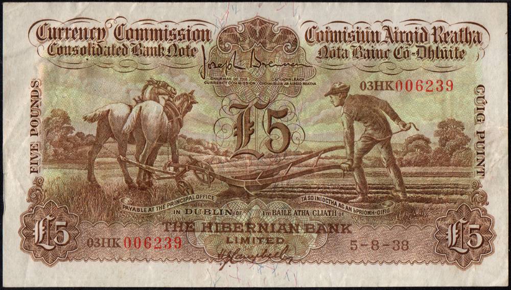 Currency Commission 'Ploughman', Hibernian Bank, Five Pounds, 5-8-38<br> at Whyte's Auctions