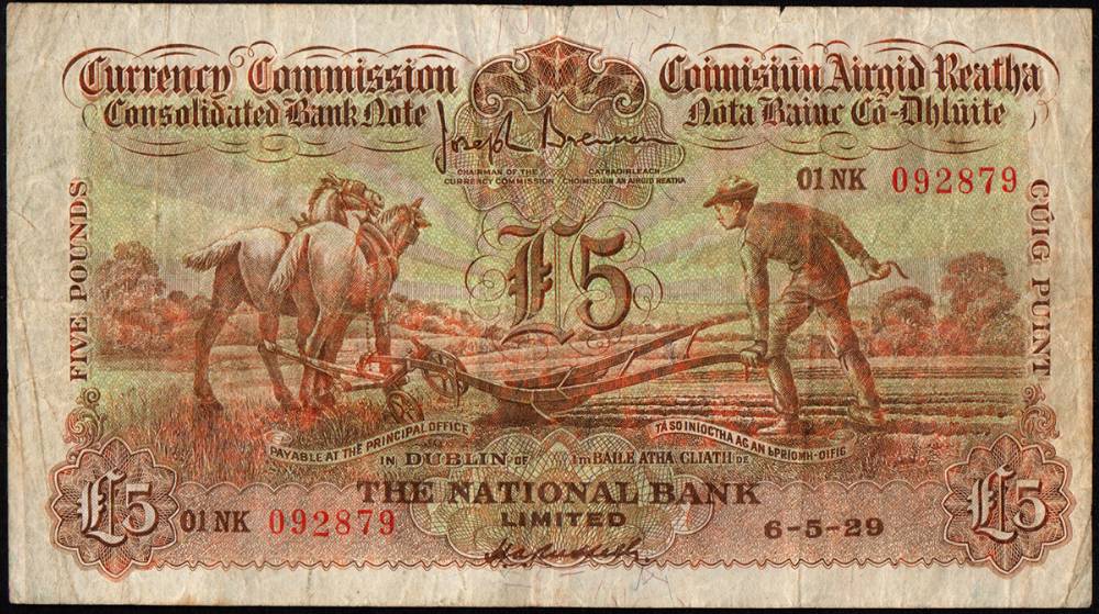 Currency Commission 'Ploughman', National Bank, Five Pounds, 6-5-29<br> at Whyte's Auctions