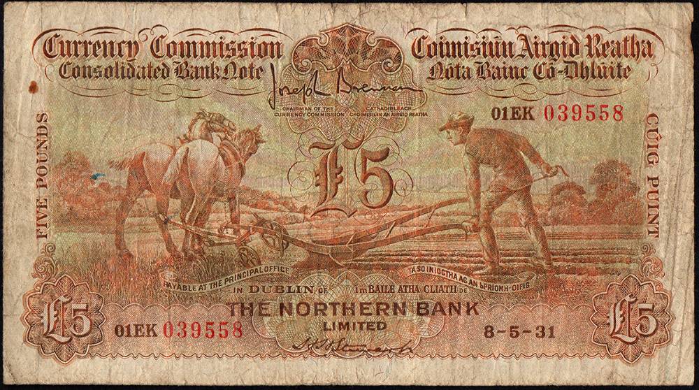 Currency Commission 'Ploughman', Northern Bank, Five Pounds, 8-5-31<br> at Whyte's Auctions