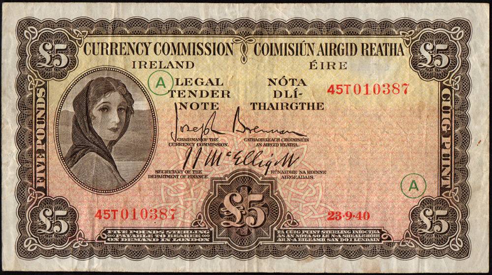 Central Bank Series A, Lady Lavery, War Code issue, Five Pounds, 23-9-40<br> at Whyte's Auctions