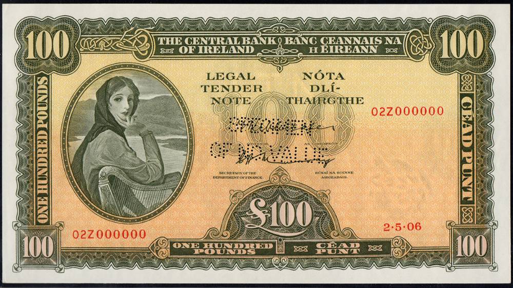 Central Bank, Series A, Lady Lavery, Specimen One Hundred Pounds, 1970-75<br> at Whyte's Auctions