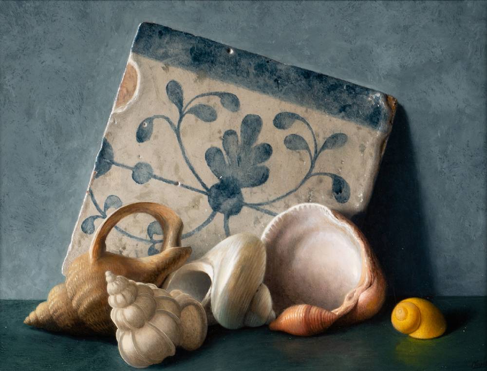 STILL LIFE WITH PORTUGUESE TILE AND SHELLS, 2021 by Stuart Morle (b.1960) at Whyte's Auctions