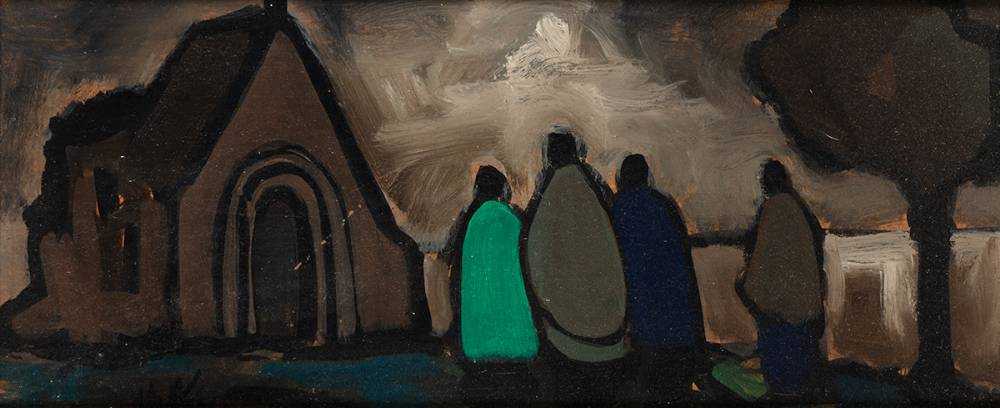 FIGURES BEFORE A CHURCH by Markey Robinson sold for 1,400 at Whyte's Auctions